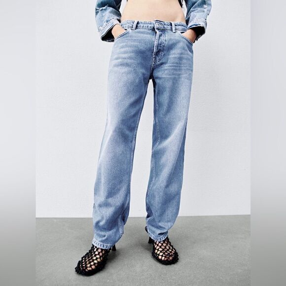 Zara Luna Mid Rise Gathered Detail Washed Effect Straight Jeans - Picture 2 of 9